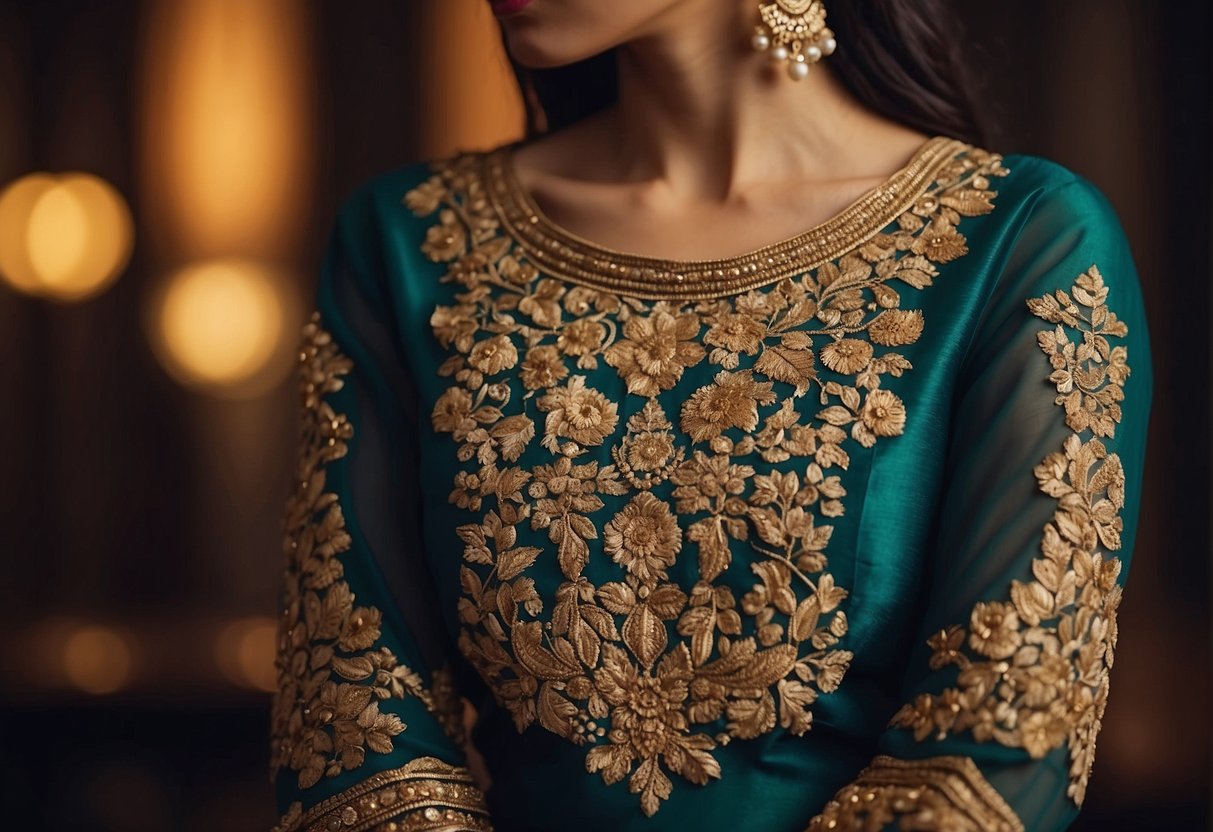 A regal embroidered blouse with full sleeves, featuring intricate patterns and designs, complements the elegance of a saree