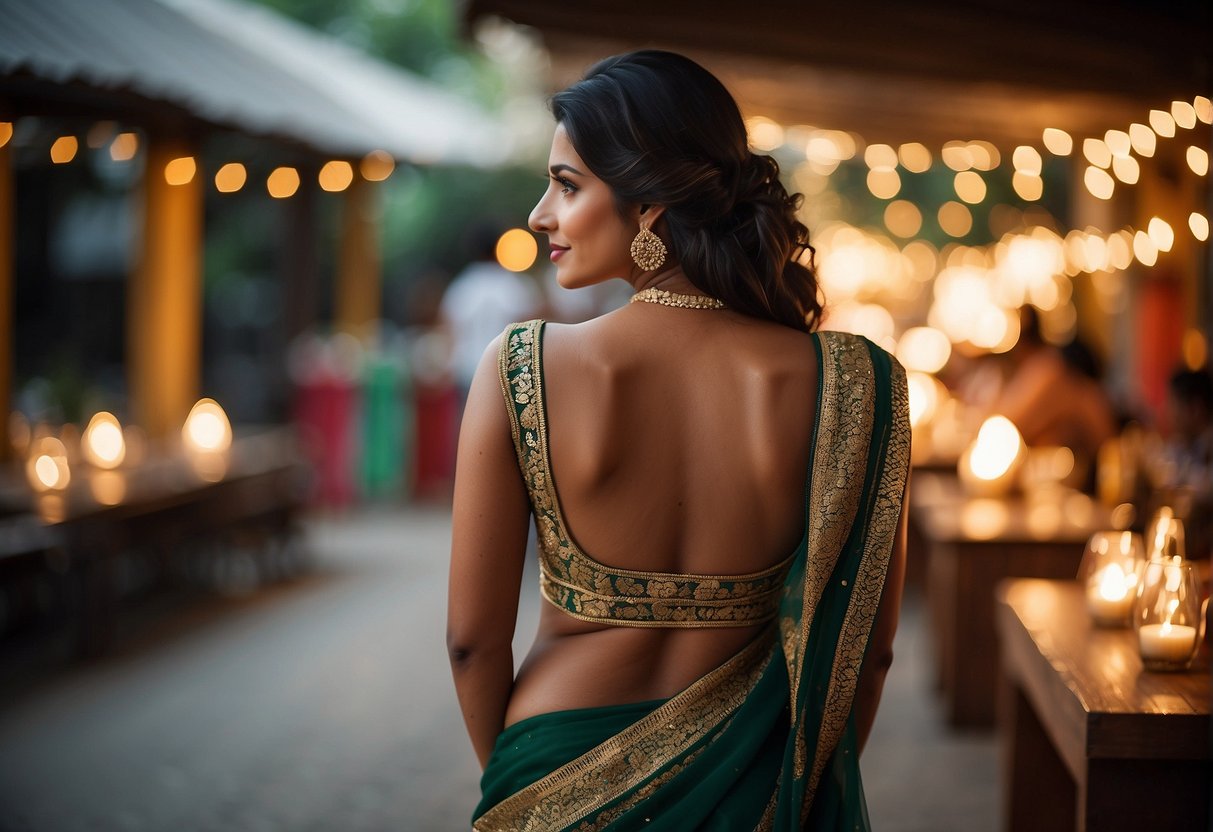 A woman wearing a backless blouse with a party saree, standing confidently with her back to the viewer, showcasing the elegant design and adding glamour to her attire