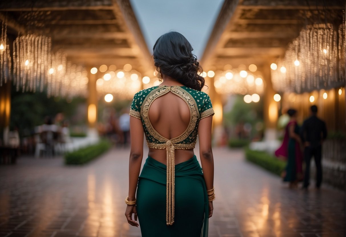 A woman's back adorned with a glamorous backless blouse, paired with a party saree. Intricate designs and embellishments add allure to the ensemble