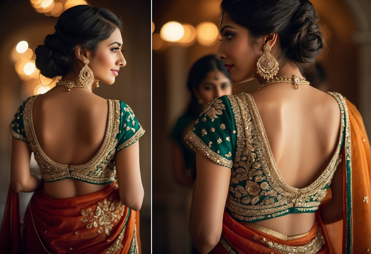 A woman's backless blouse with intricate embroidery, paired with a shimmering party saree, exudes elegance and glamour. The blouse drapes gracefully, accentuating the curves of the wearer's back