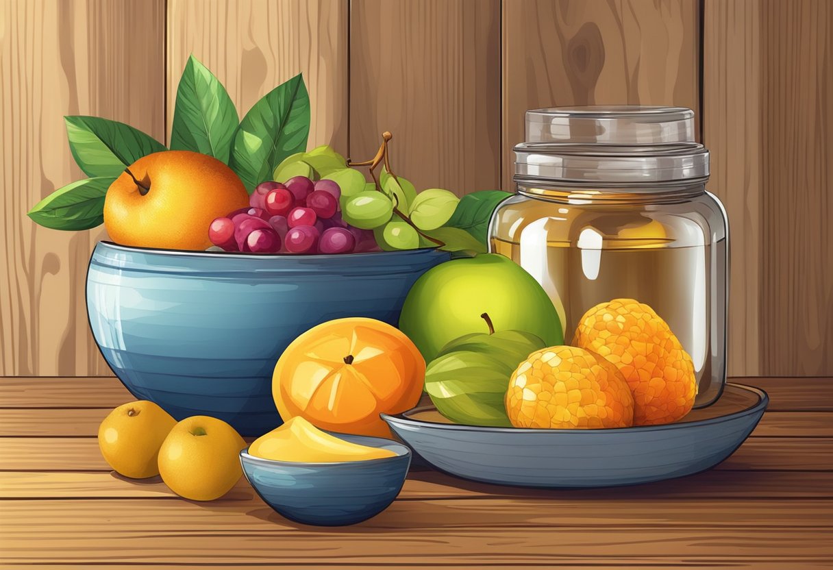 Satisfy Sweet Tooth Without Sugar: A colorful fruit bowl with a variety of juicy fruits and a jar of honey on a wooden table