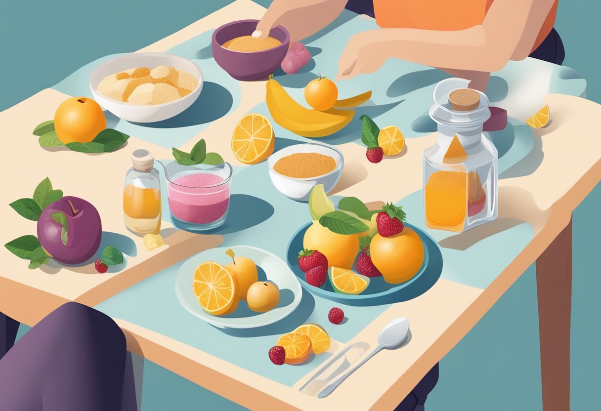 Satisfy Sweet Tooth Without Sugar: A table with various sweeteners and fruits, a scale comparing sugar content, and a person enjoying a dessert made with sugar alternatives