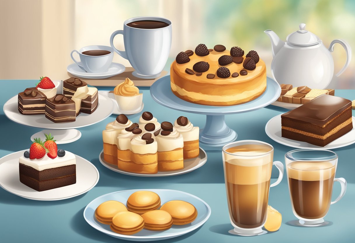 Satisfy Sweet Tooth Without Sugar: A table set with an assortment of sugar-free desserts, including cakes, cookies, and pastries, with a steaming cup of coffee or tea alongside