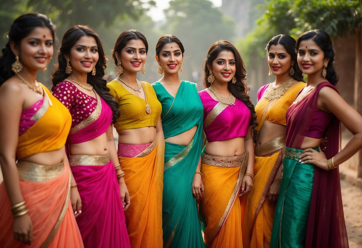 A group of colorful crop top blouses paired with vibrant partywear sarees, creating a fusion trend