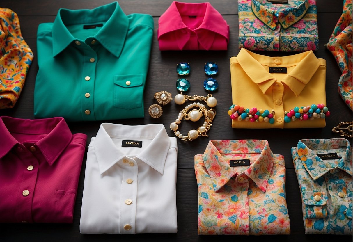 A table with a variety of crop top blouses in vibrant colors and patterns, surrounded by colorful accessories like statement earrings and chunky bracelets