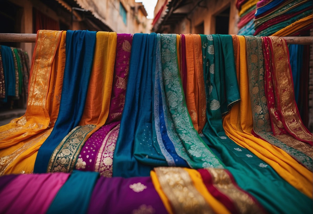 A vibrant array of Leheriya sarees unfurl across a bustling marketplace, showcasing the intricate patterns and bold colors that have evolved over centuries in Rajasthan