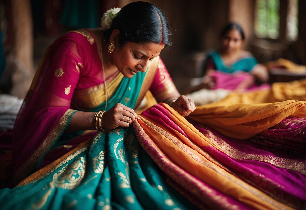 A skilled artisan meticulously folds and ties fabric, creating intricate patterns in vibrant colors, showcasing the artistry and technique of Leheriya sarees from Rajasthan