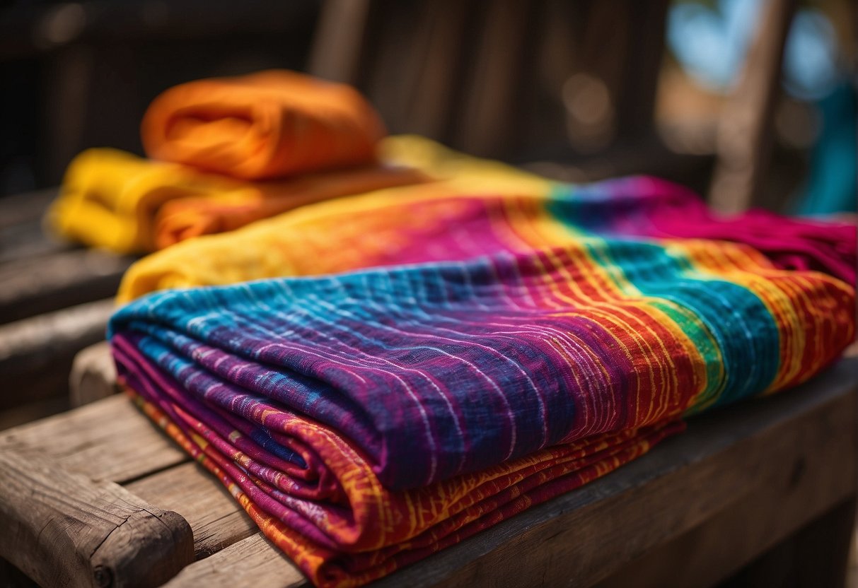 Vibrant leheriya fabric draped over a wooden loom, surrounded by dye vats and traditional tools, symbolizing the rich cultural significance of this Rajasthani tie-dye technique