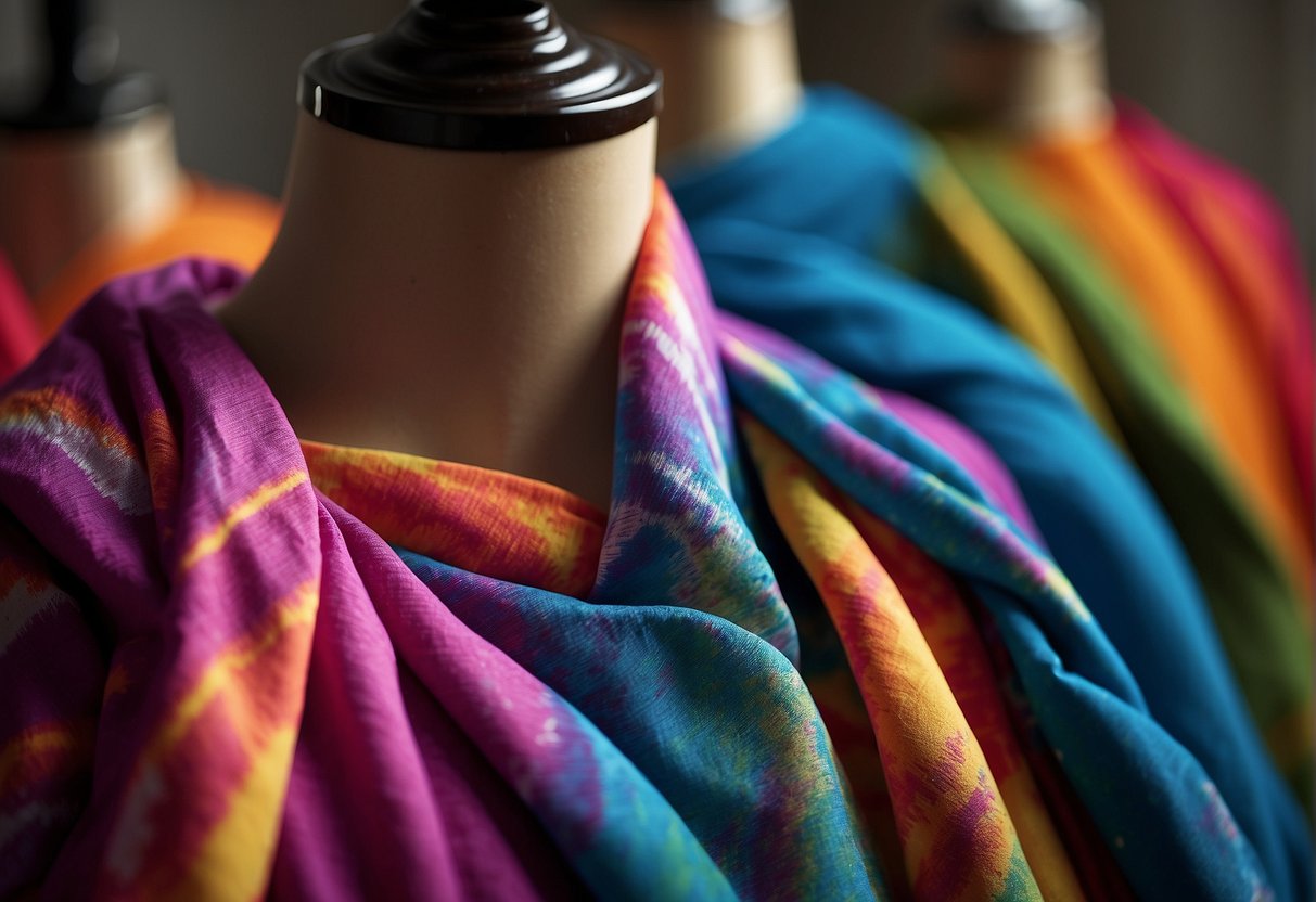 Vibrant leheriya fabric draped on a mannequin, showcasing the traditional art of tie-dye. Bright colors and intricate patterns symbolize the cultural significance of leheriya in Indian fashion