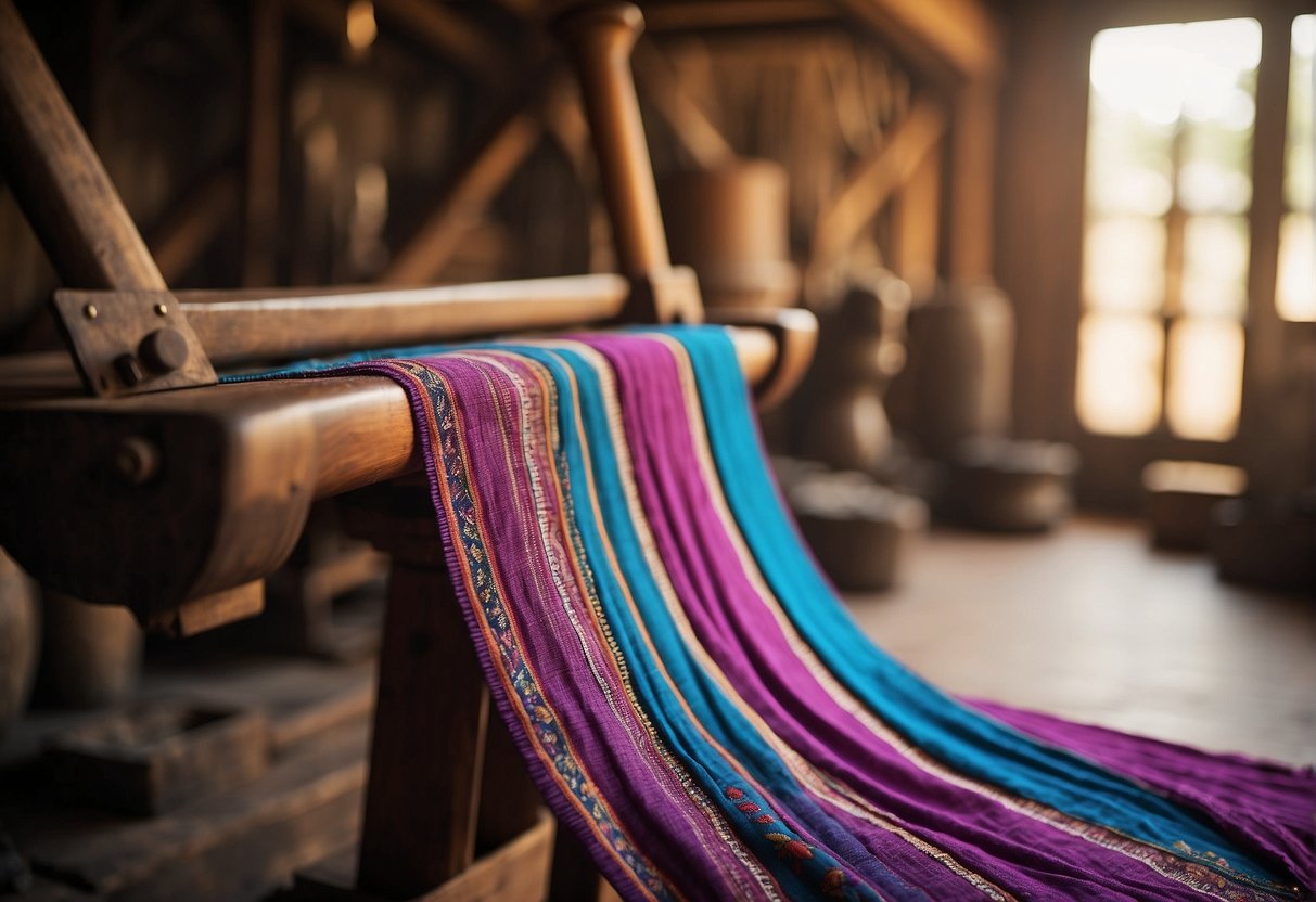 Vibrant leheriya fabric draped over a rustic wooden loom, surrounded by traditional dyeing tools and intricate patterns