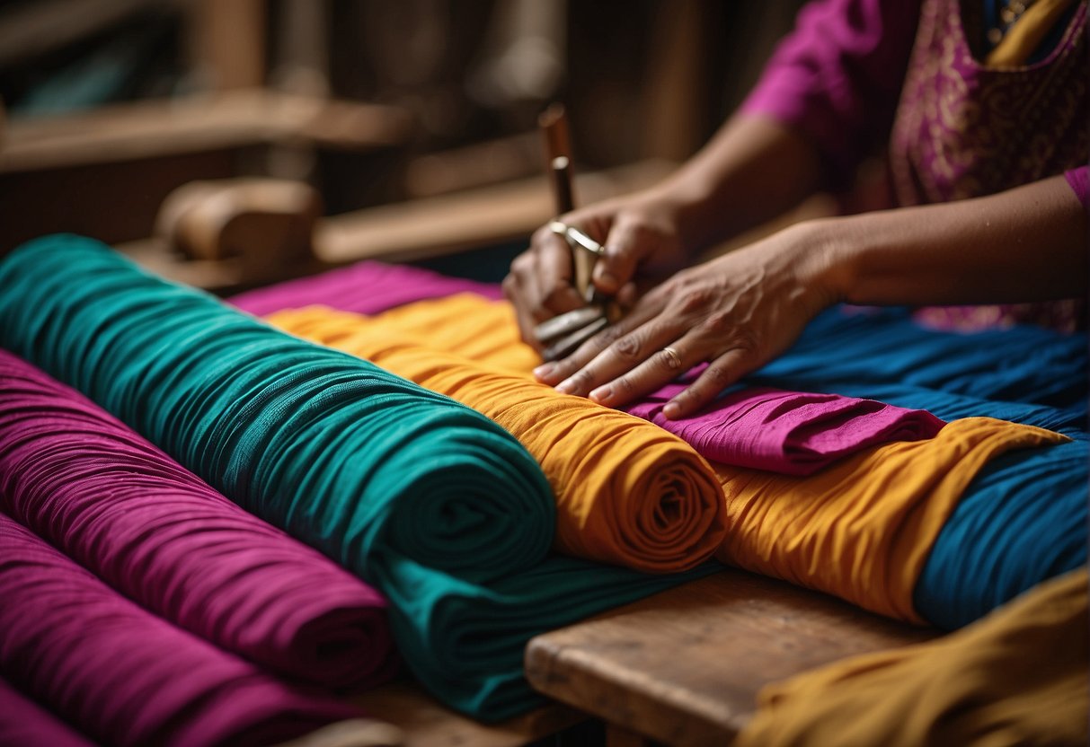 Vibrant Leheriya fabric being crafted in a traditional workshop, with artisans working on intricate designs. Symbol of GI status prominently displayed