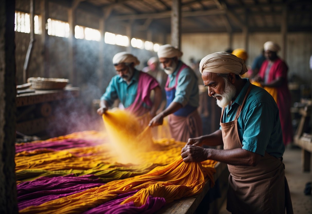 Vibrant leheriya fabric being dyed in traditional colors, with artisans working in a bustling workshop, surrounded by tools and materials