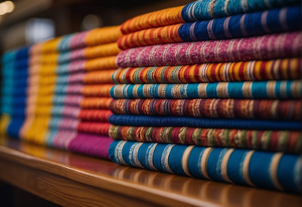 A group of colorful Leheriya fabric rolls are displayed alongside official GI status documents, symbolizing the pride and protection of traditional artisan craftsmanship