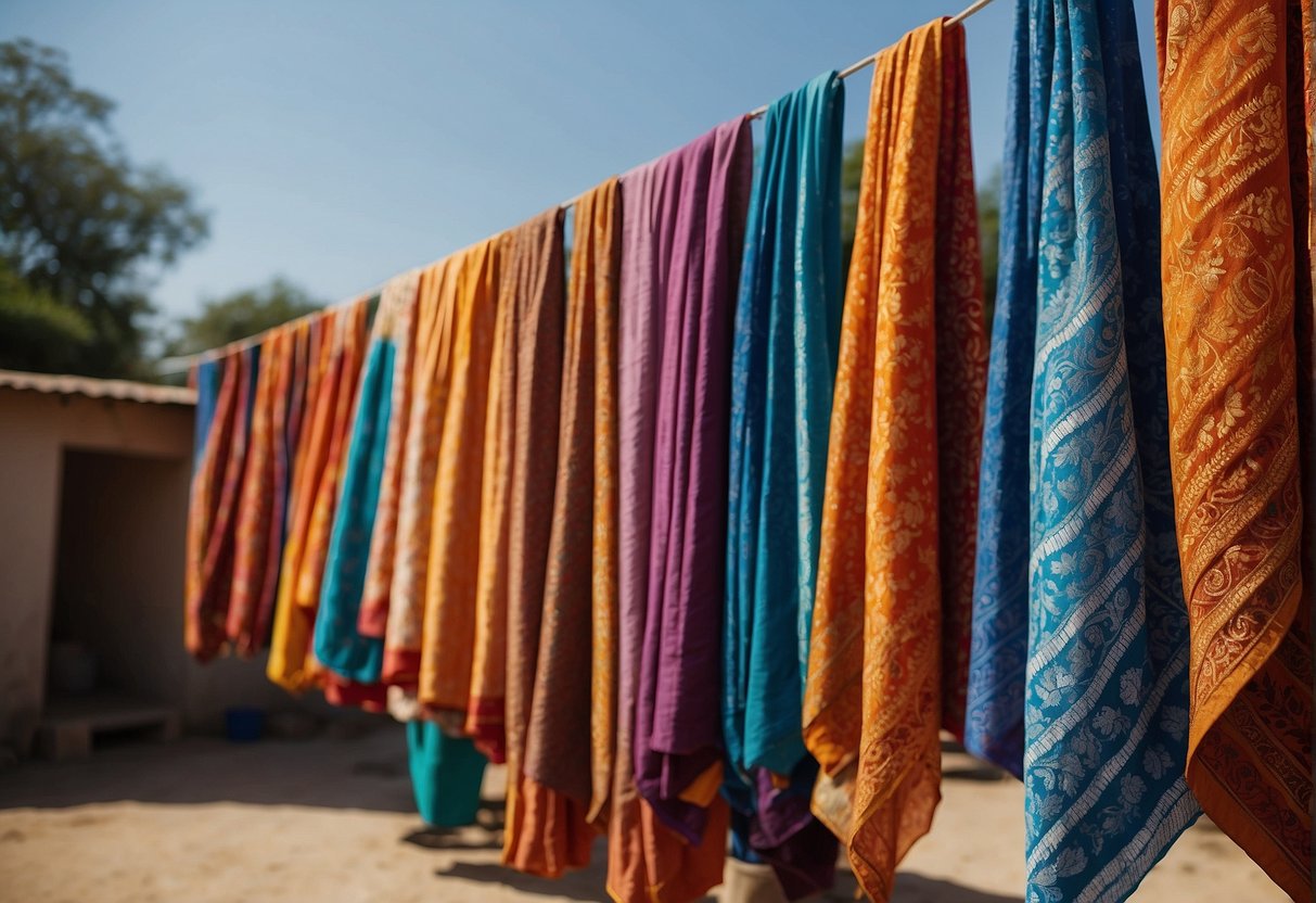 Vibrant fabric hangs to dry in the sun, showcasing the intricate patterns of traditional Leheriya dyeing techniques. Dye pots and tools are scattered around, highlighting the historical and cultural significance of this art form