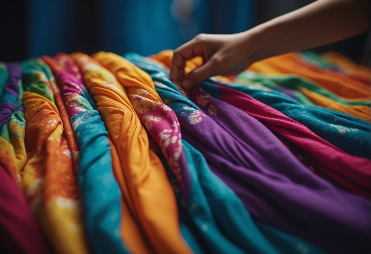 Vibrant fabric being folded and tied with string, then dipped into colorful dye baths, creating intricate patterns of Leheriya