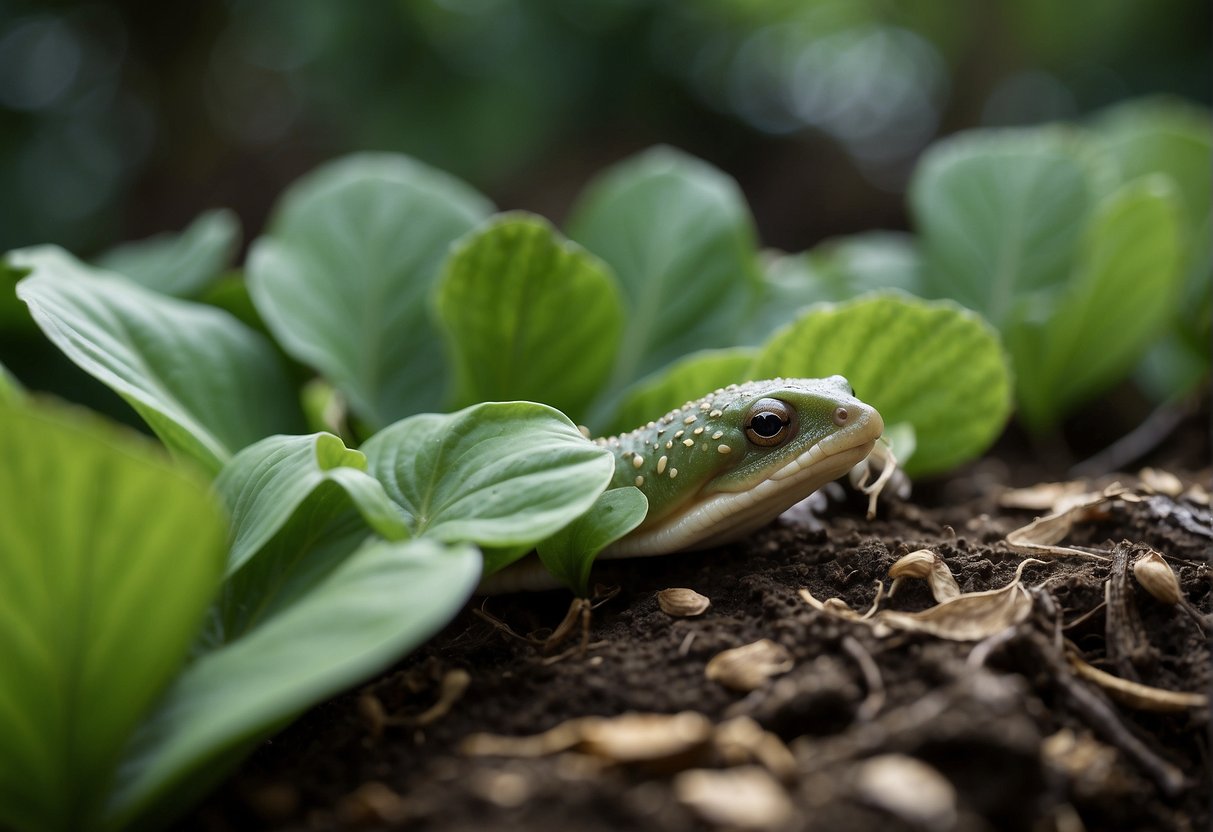 Slugs munch on green hosta leaves in a shaded garden bed