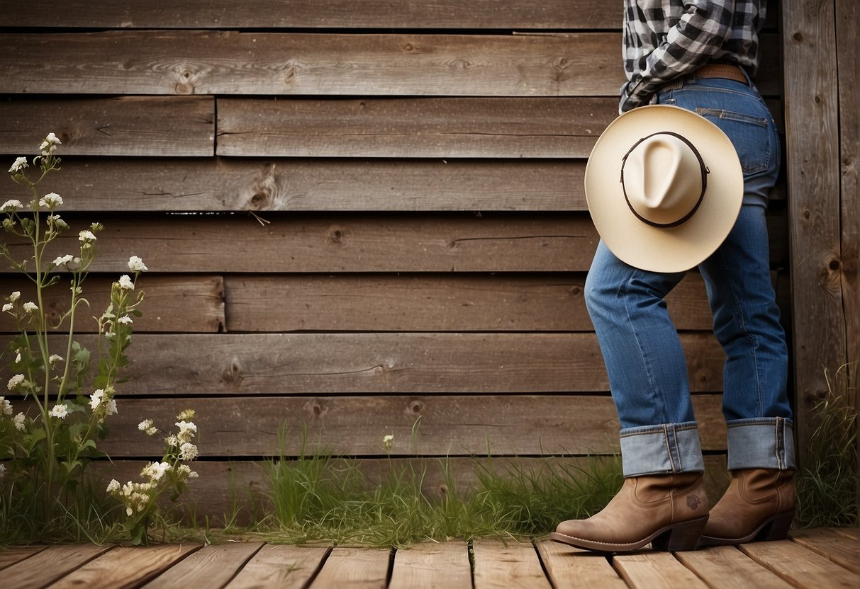 A rustic barn backdrop with cowboy boots, denim jeans, a plaid shirt, and a cowboy hat on a wooden fence