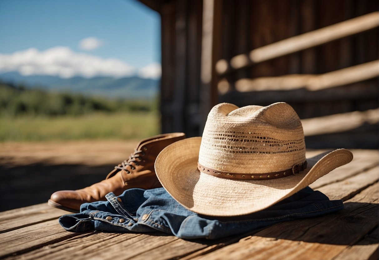 A cowboy hat, denim jacket, plaid shirt, and cowboy boots laid out on a wooden floor with a backdrop of a rustic barn and rolling hills