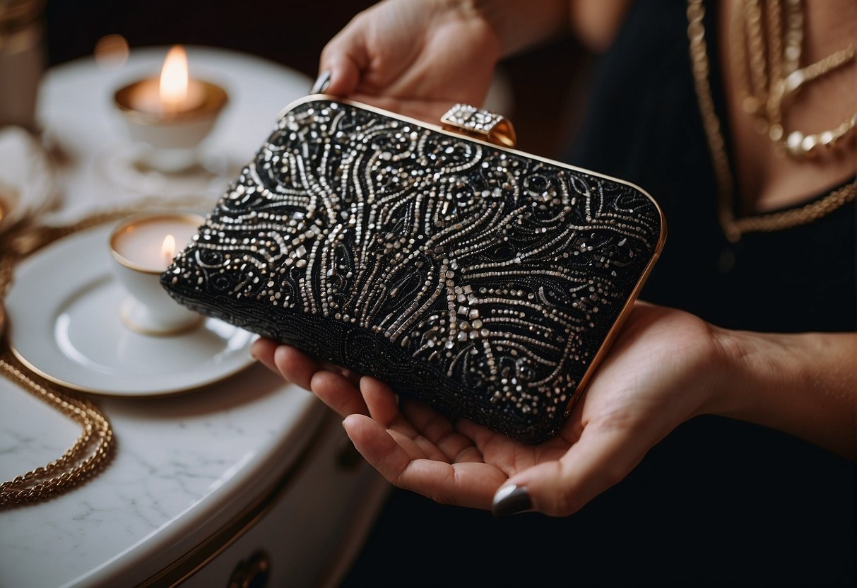 A woman's hands holding a pair of elegant opera gloves, a sparkling clutch, and a statement necklace, all laid out on a vanity table