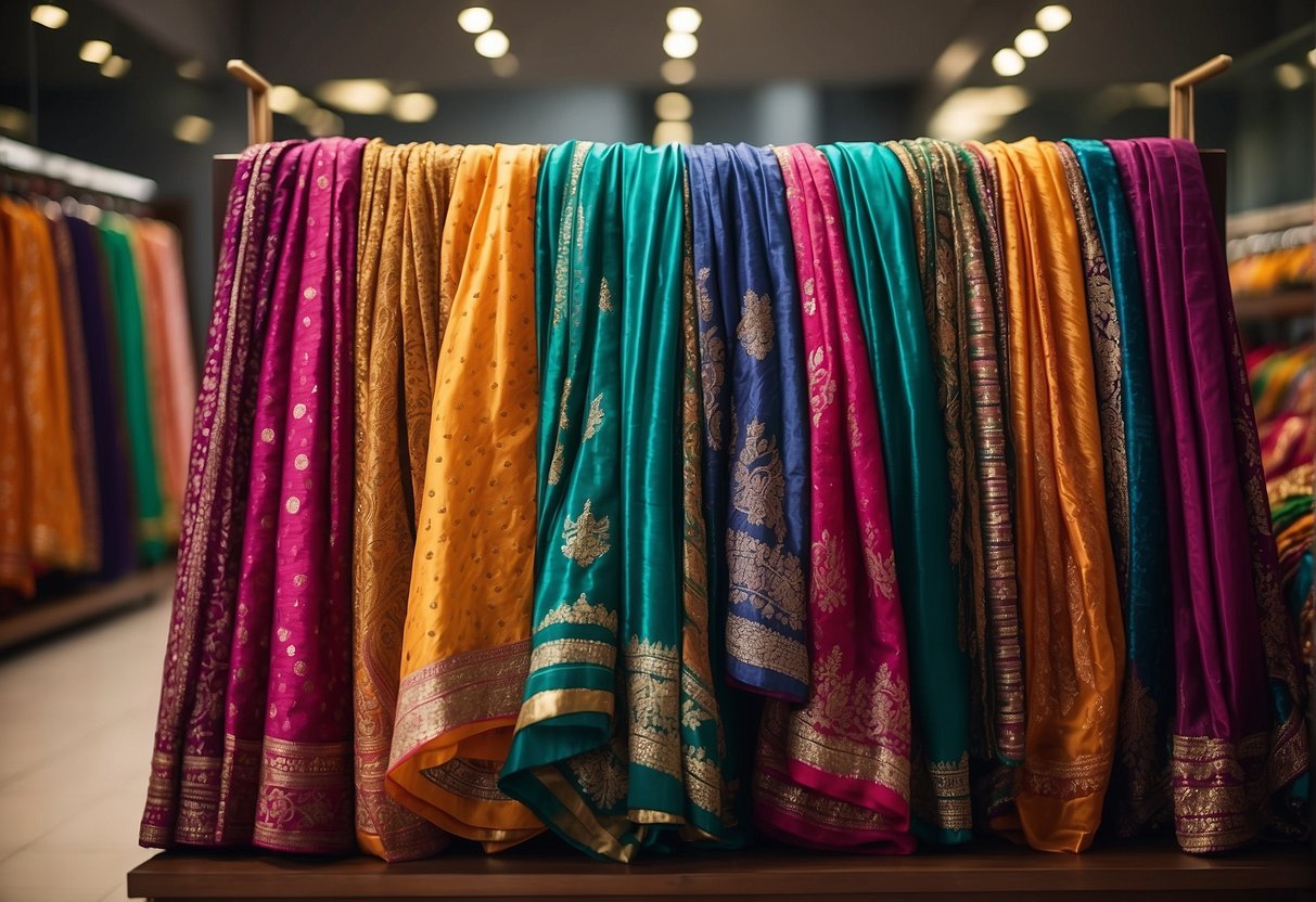 A display of Leheriya sarees in various colors and patterns, creating a vibrant and eye-catching palette