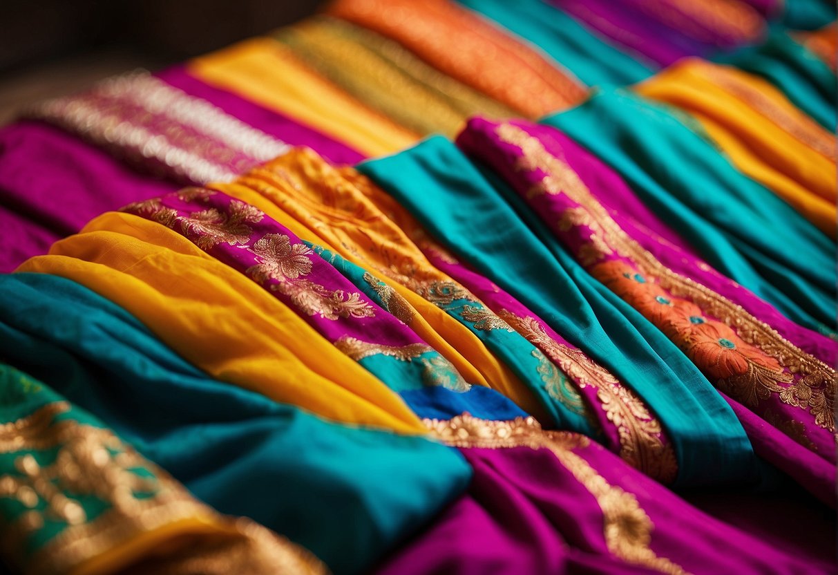 A table scattered with vibrant Leheriya sarees in various color variations, showcasing the artistry and craftsmanship of the traditional dyeing technique
