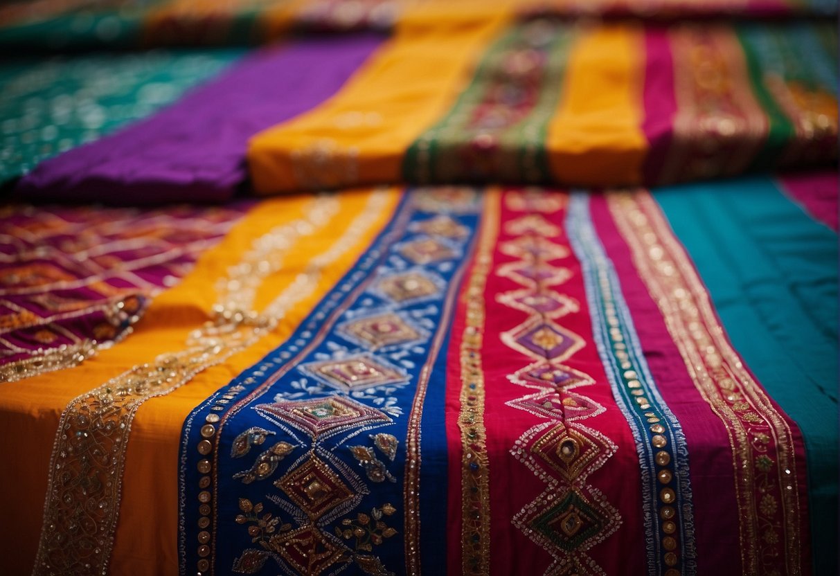 A table adorned with vibrant Leheriya sarees in various color variations, showcasing the unique and intricate patterns of the traditional Indian textile