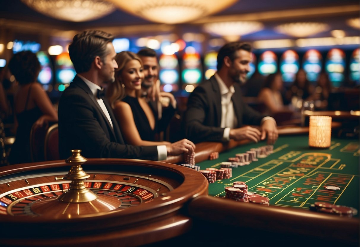 A bustling casino with elegant patrons in formal attire, and a lively club with stylish guests in trendy, upscale outfits