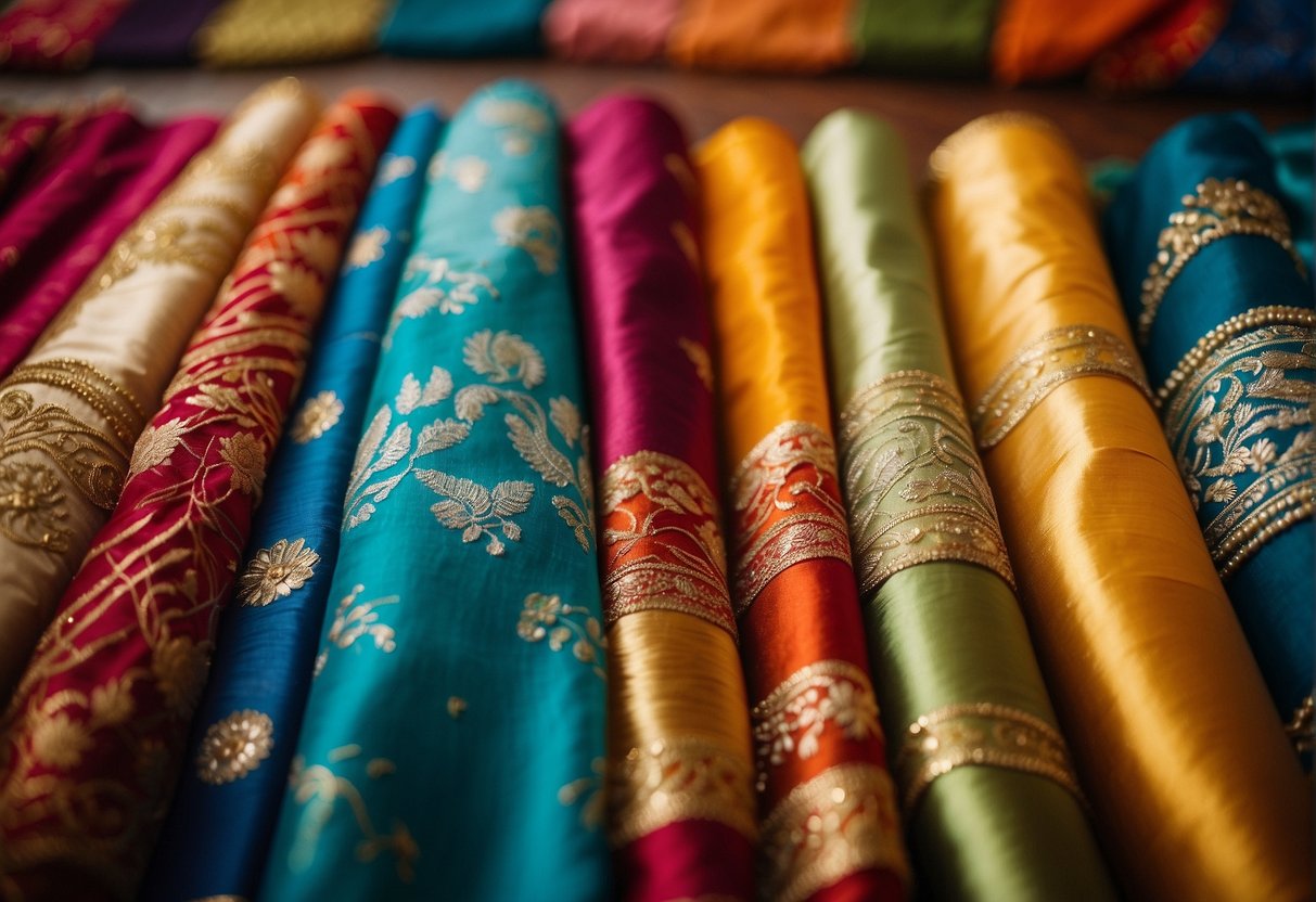 A table displays various fabrics: silk, chiffon, and leheriya sarees in vibrant colors and intricate patterns