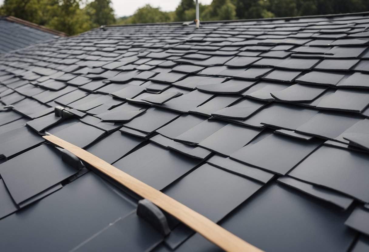 Roofers lay out and fasten slate tiles onto a roof, overlapping each row to create a waterproof surface