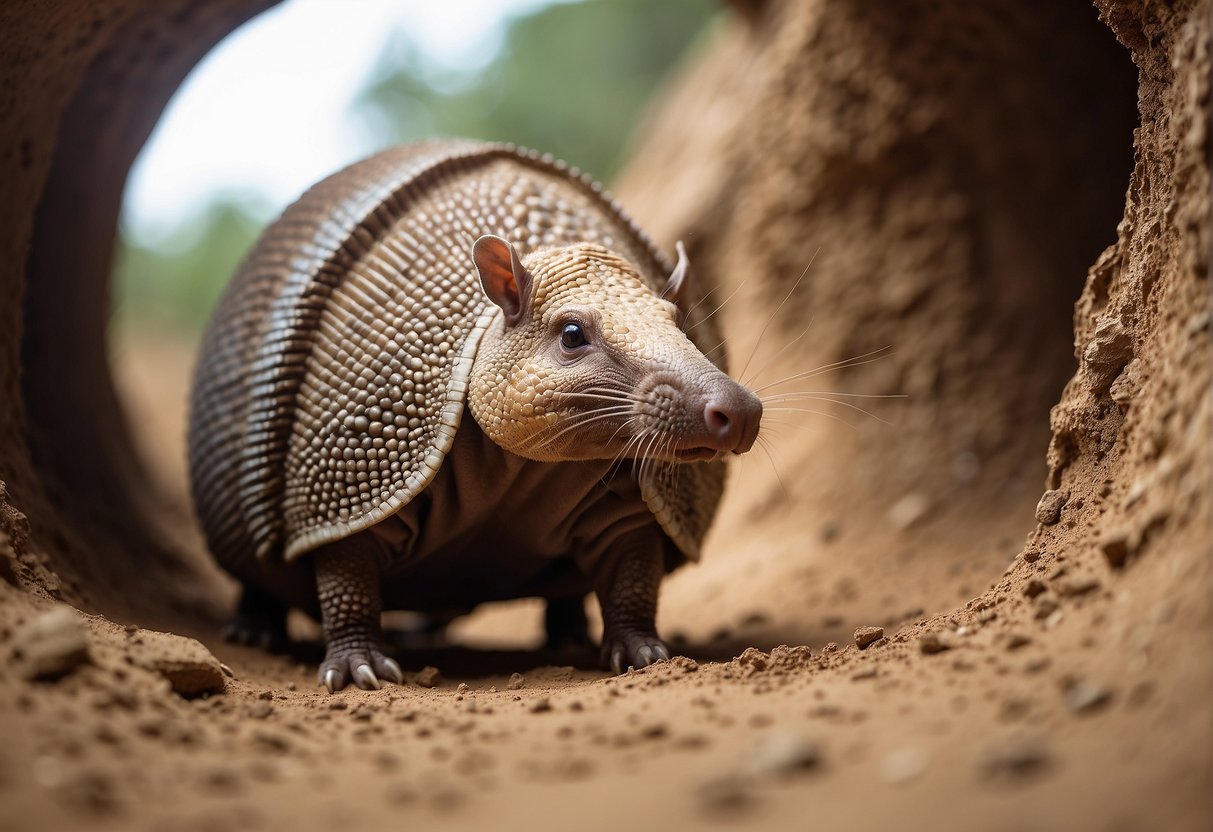 An armadillo digs a tunnel in the soft earth, using its sharp claws to create a network of underground pathways
