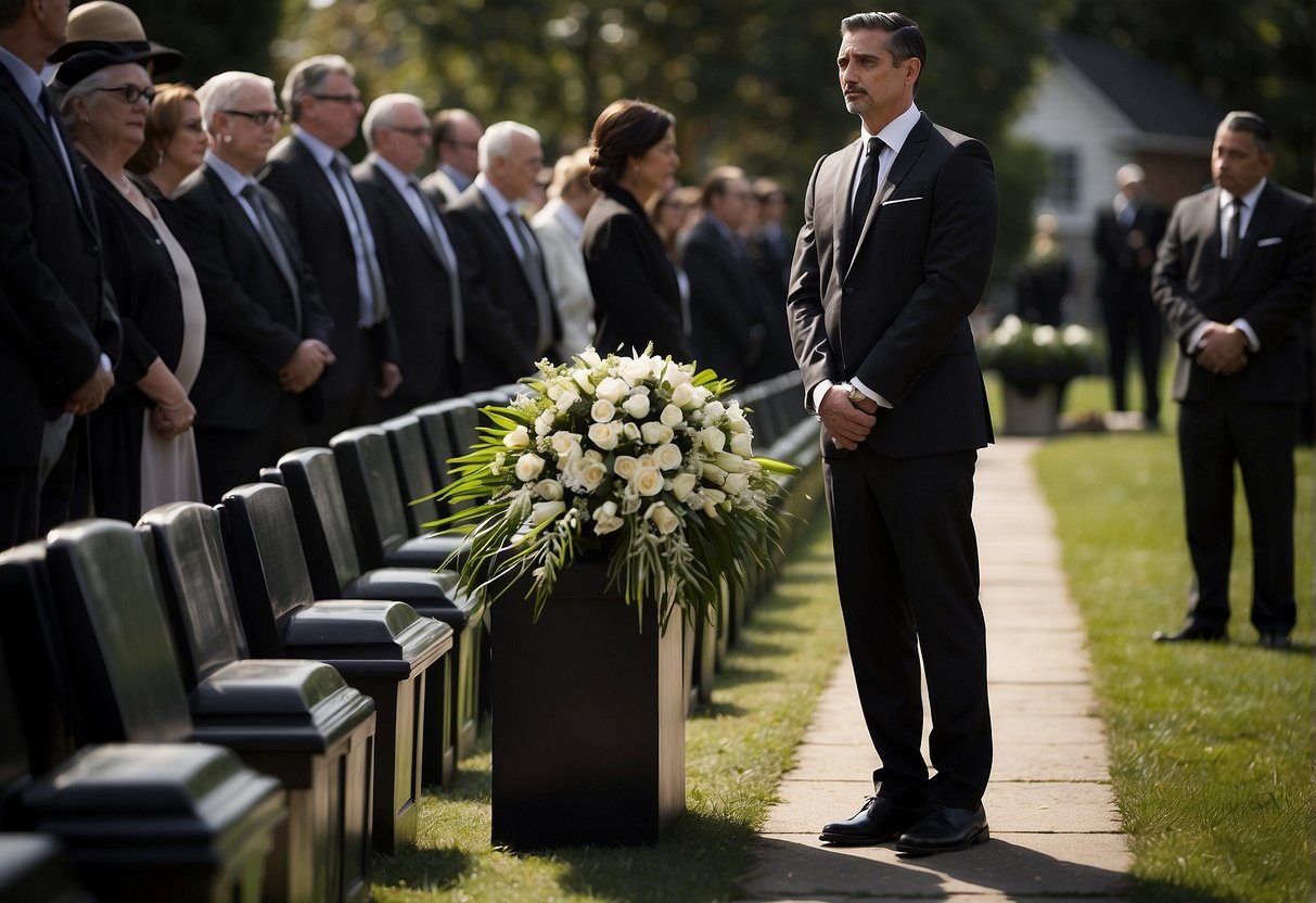 A man in a dark suit and tie, standing solemnly with head bowed at a funeral. Other mourners are similarly dressed in respectful attire Wear to a Funeral Men