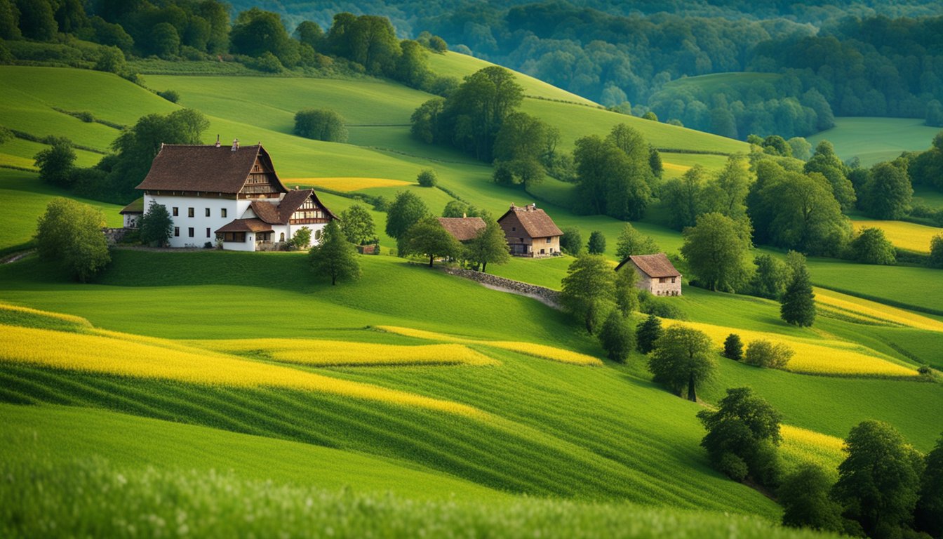 Rolling hills, dotted with colorful wildflowers, surround a quaint village nestled between lush green forests and meandering streams. A traditional Hungarian farmhouse with a thatched roof stands proudly in the center of the scene