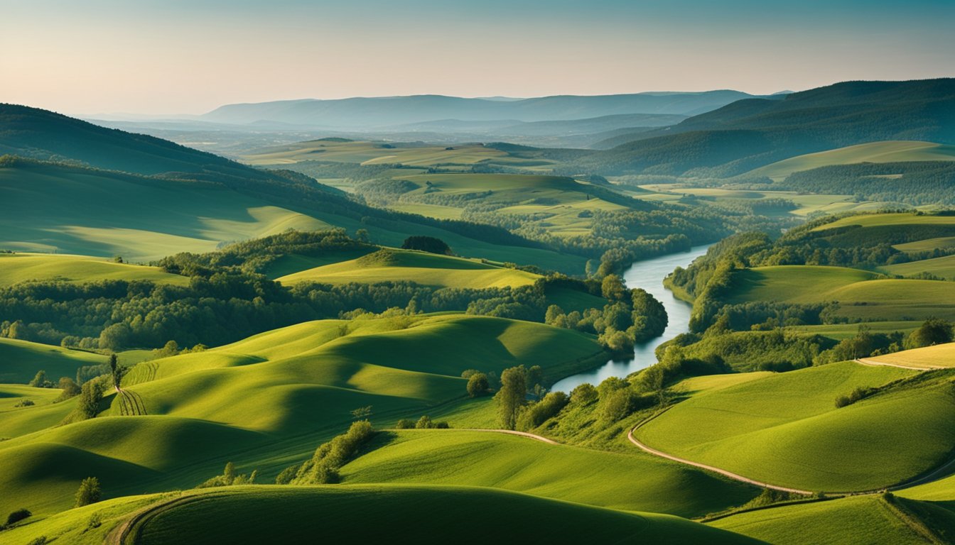 Rolling hills, lush green meadows, and quaint villages dot the Hungarian countryside. A winding river cuts through the landscape, with a backdrop of towering mountains in the distance