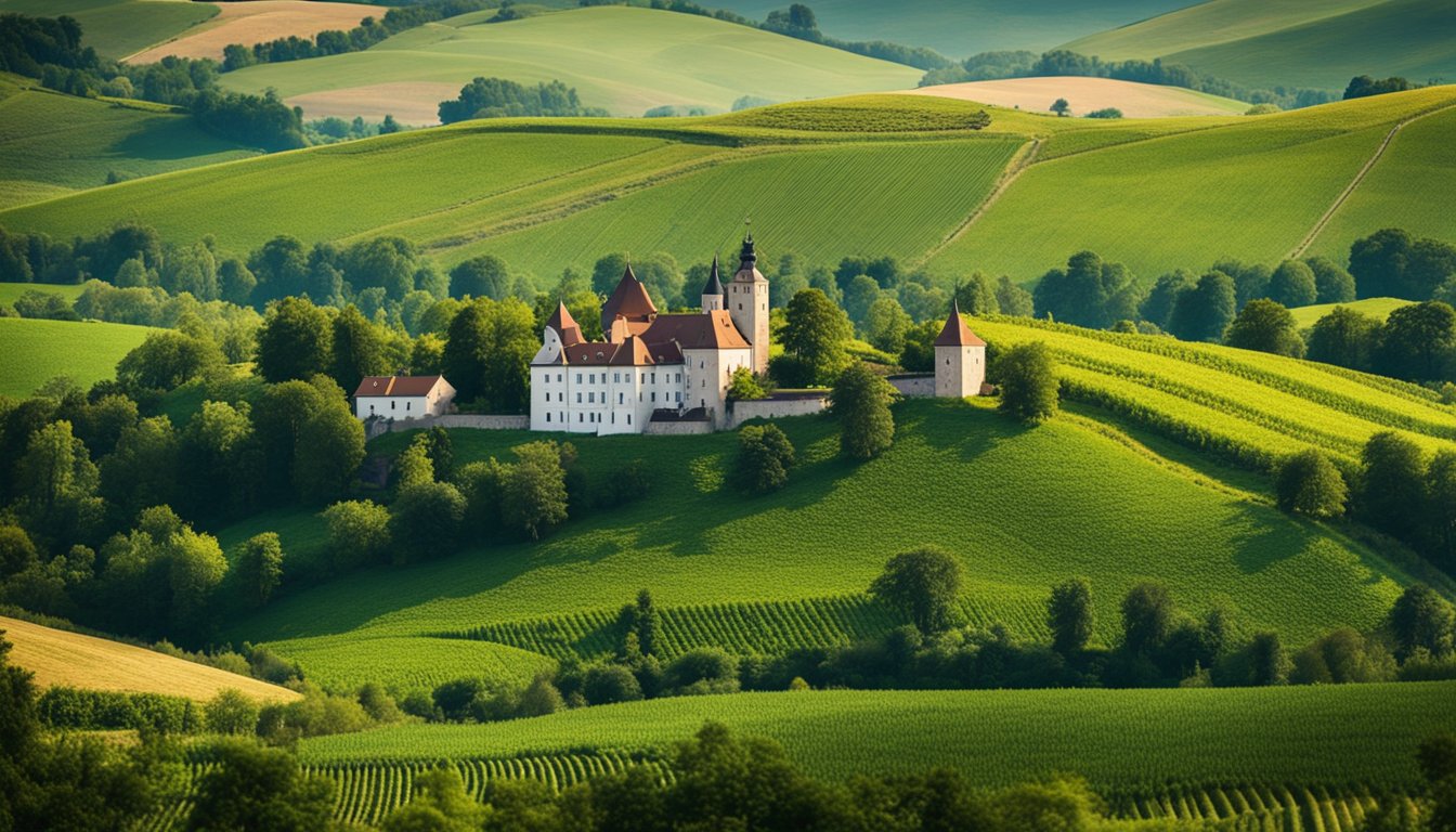 Rolling hills dotted with traditional Hungarian farmhouses, surrounded by lush green fields and vineyards. A medieval castle stands proudly in the distance, overlooking the picturesque countryside