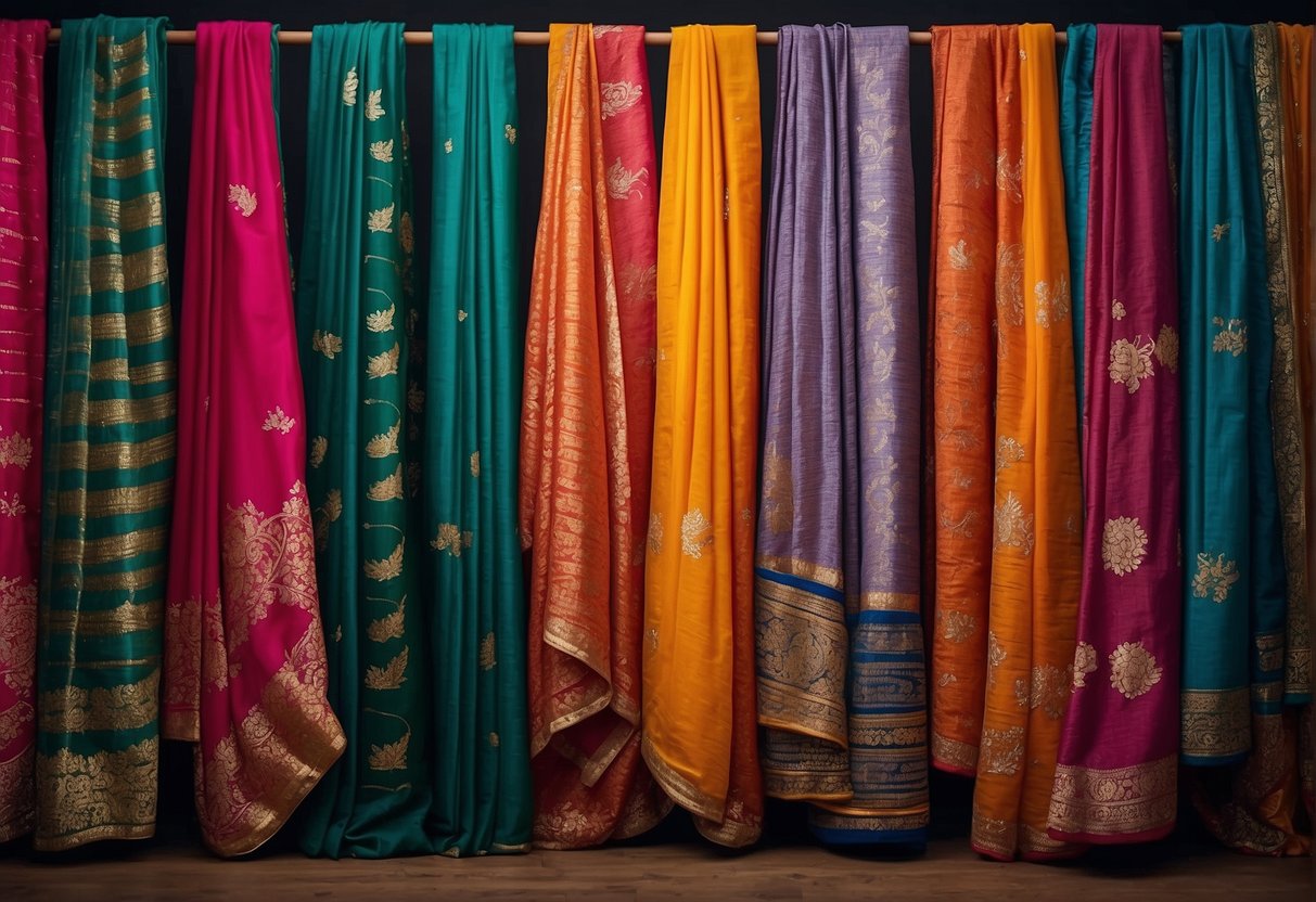 Vibrant Leheriya sarees arranged in a display, showcasing a variety of colors and intricate patterns, with soft drapes and elegant folds