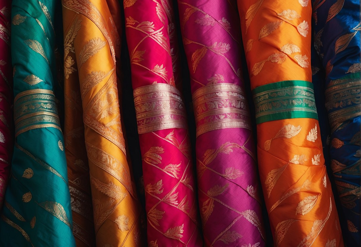 A colorful display of Leheriya sarees, intricately patterned and beautifully draped, showcasing the designer's unique touch and notable collections