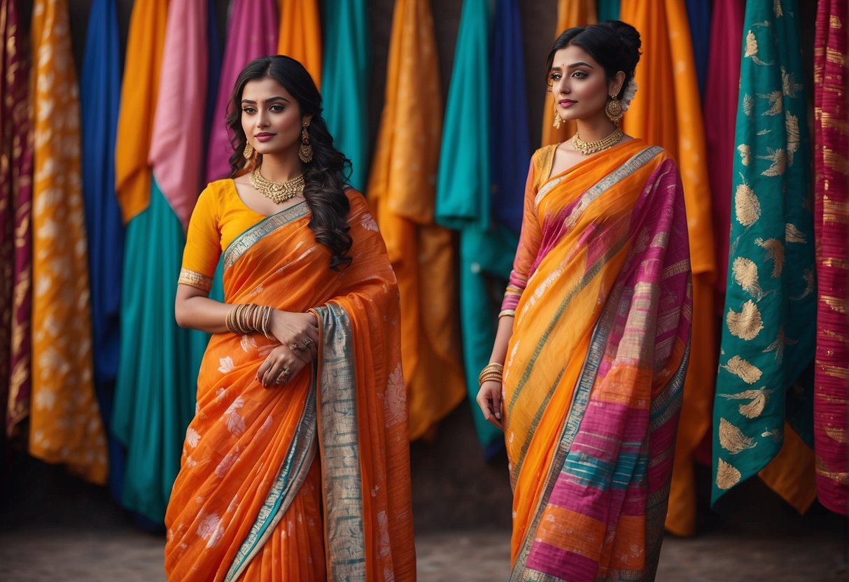 A modern fashion designer incorporates Leheriya print in a collection of vibrant sarees, showcasing the traditional Rajasthani tie-dye technique in contemporary designs