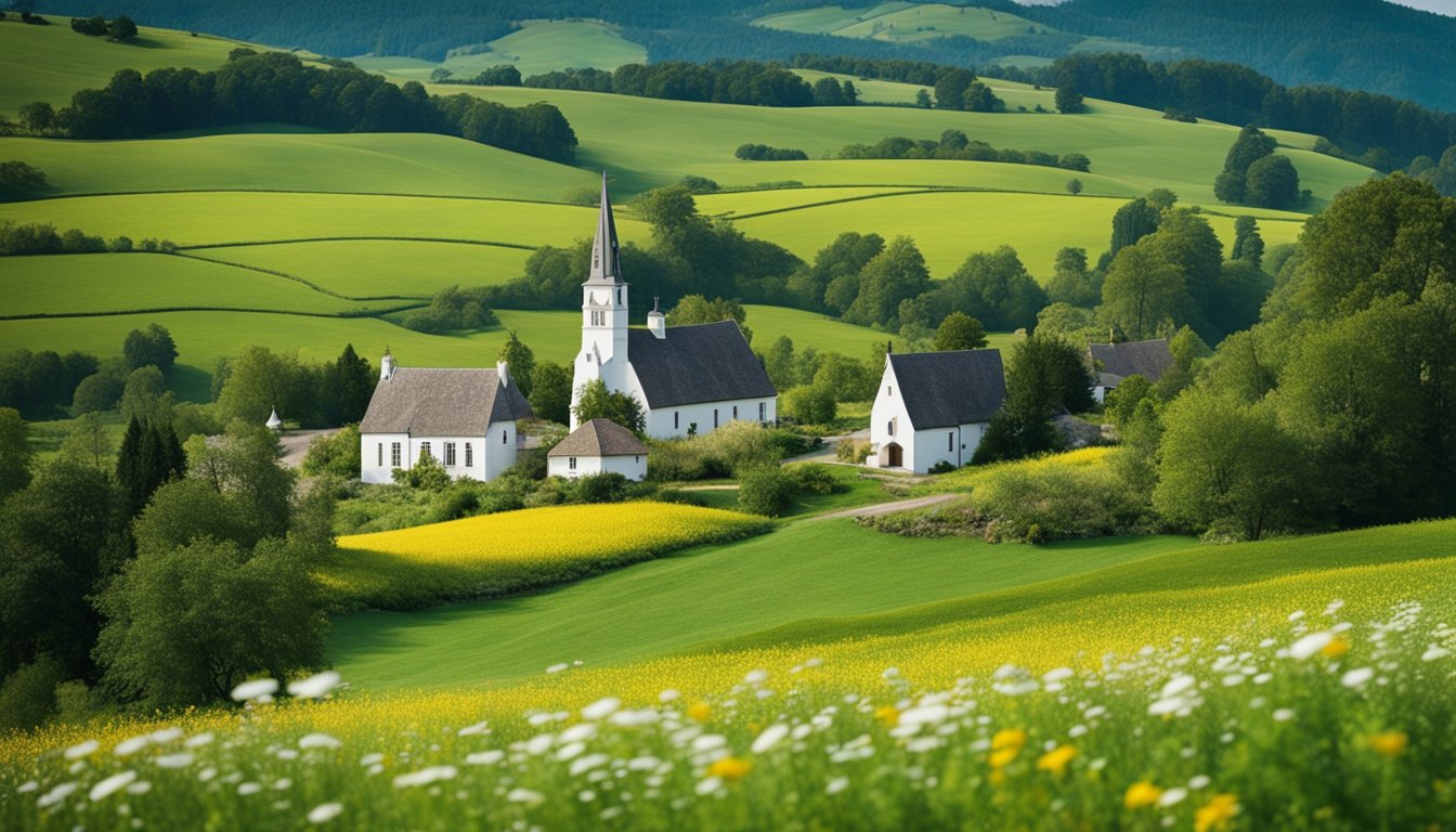 Vibrant fields and rolling hills, dotted with quaint cottages and charming churches, surrounded by lush greenery and blooming wildflowers