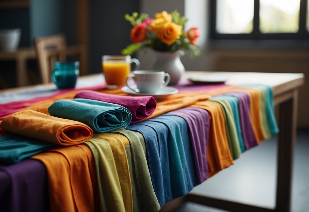 A table with colorful fabric, rubber bands, and dye. A step-by-step guidebook and a pair of gloves. Bright light and a cozy workspace
