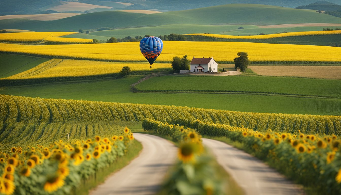 A winding dirt road cuts through rolling green hills, leading to a rustic Hungarian village surrounded by fields of sunflowers and vineyards. A colorful hot air balloon floats lazily in the sky, adding to the picturesque scene