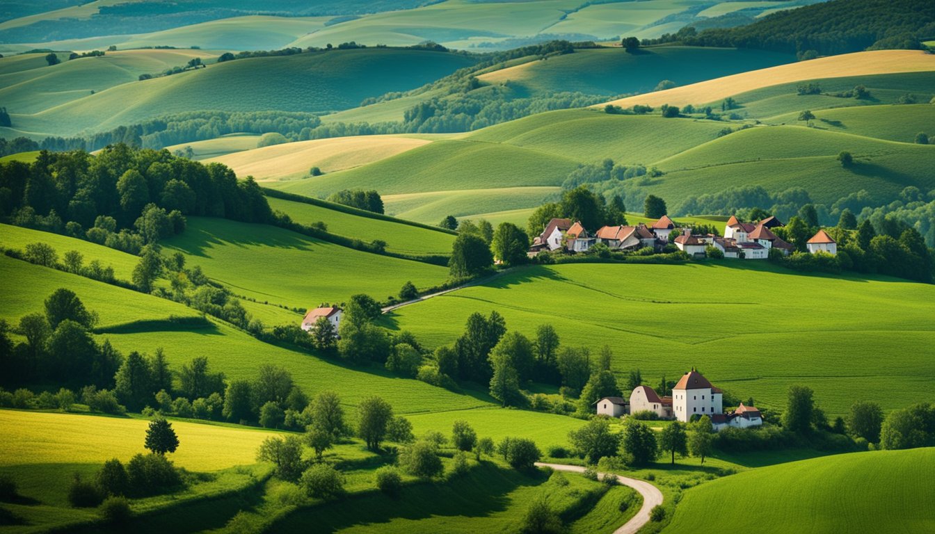 A serene landscape with rolling hills, lush green fields, and winding country roads. A quaint village nestled among the countryside with traditional Hungarian architecture and a peaceful atmosphere