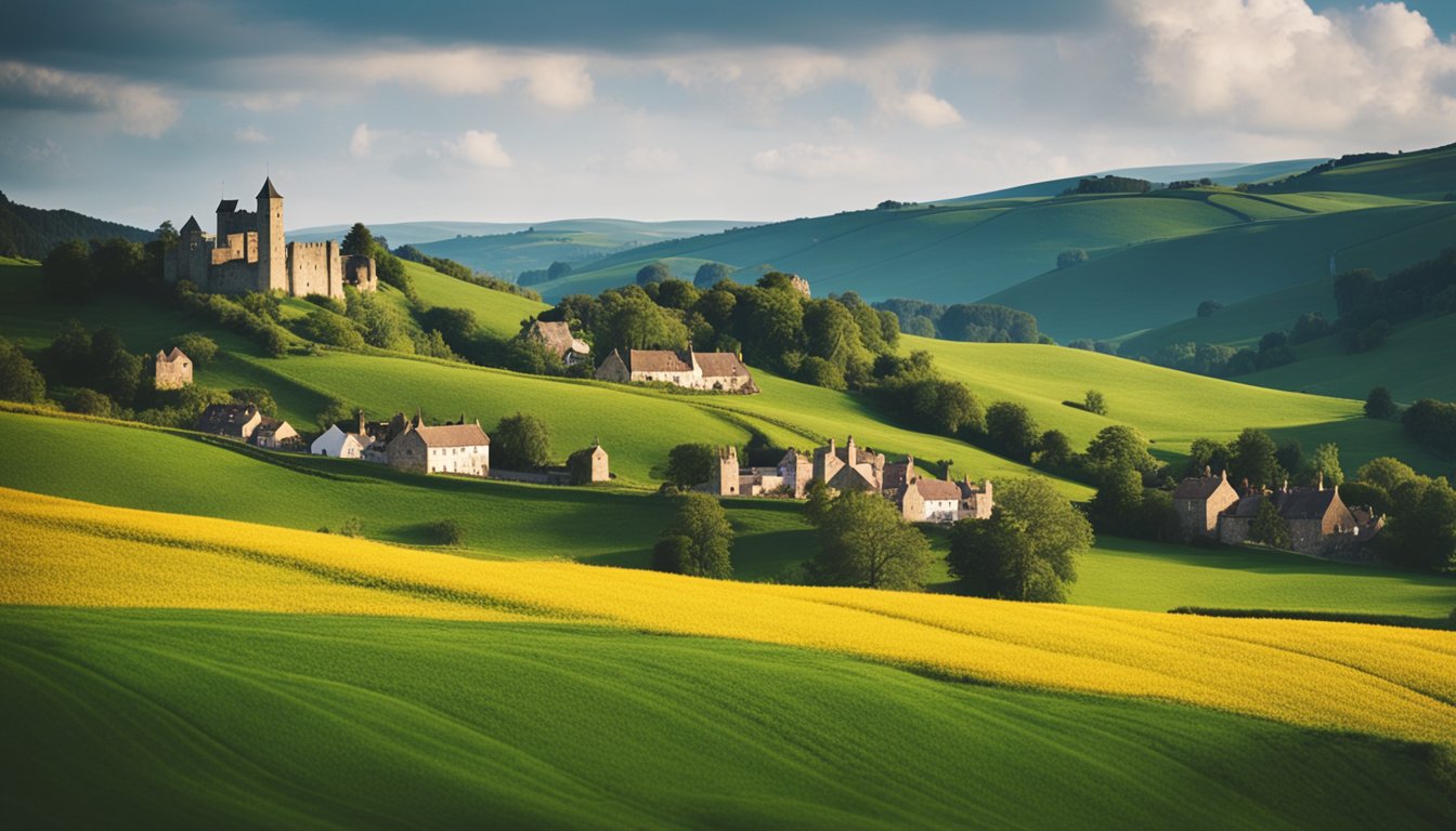 Rolling green hills dotted with quaint villages, colorful fields of wildflowers, and winding country roads leading to historic castles and charming local markets