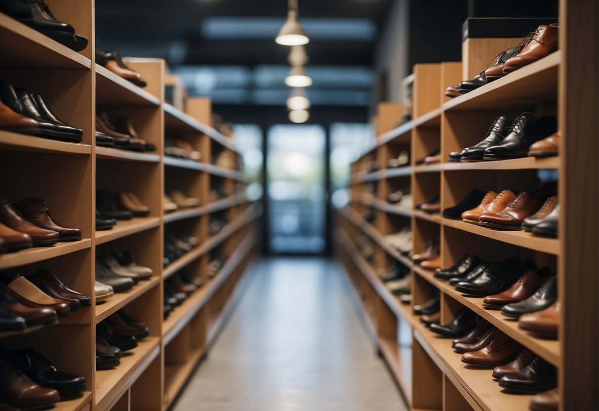 A row of stylish shoes displayed on shelves, with a comfortable pair standing out. Graduation cap and gown in the background