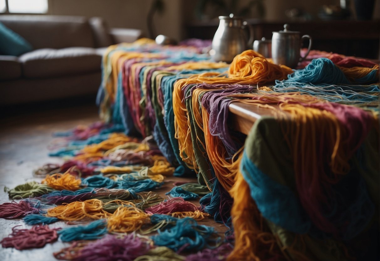 A table cluttered with tangled fabric, spilled dye, and frayed edges. A frustrated DIYer frowns at a botched leheriya pattern