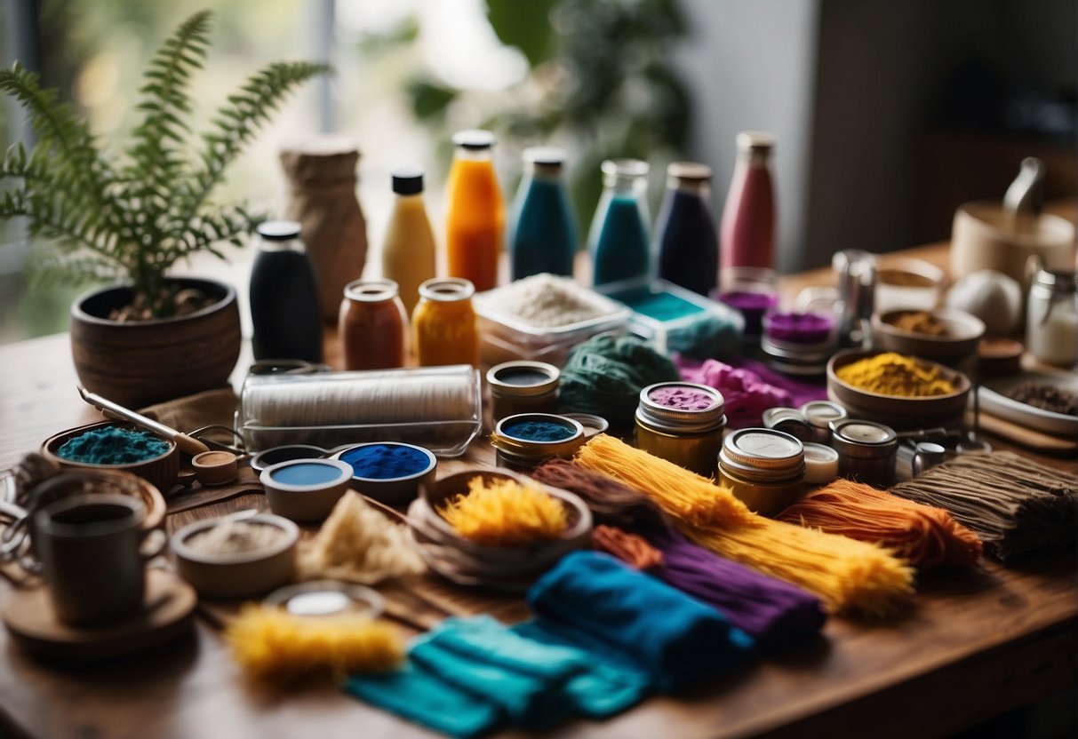 A table with various dyeing materials and tools laid out. A checklist of common mistakes in DIY Leheriya displayed prominently