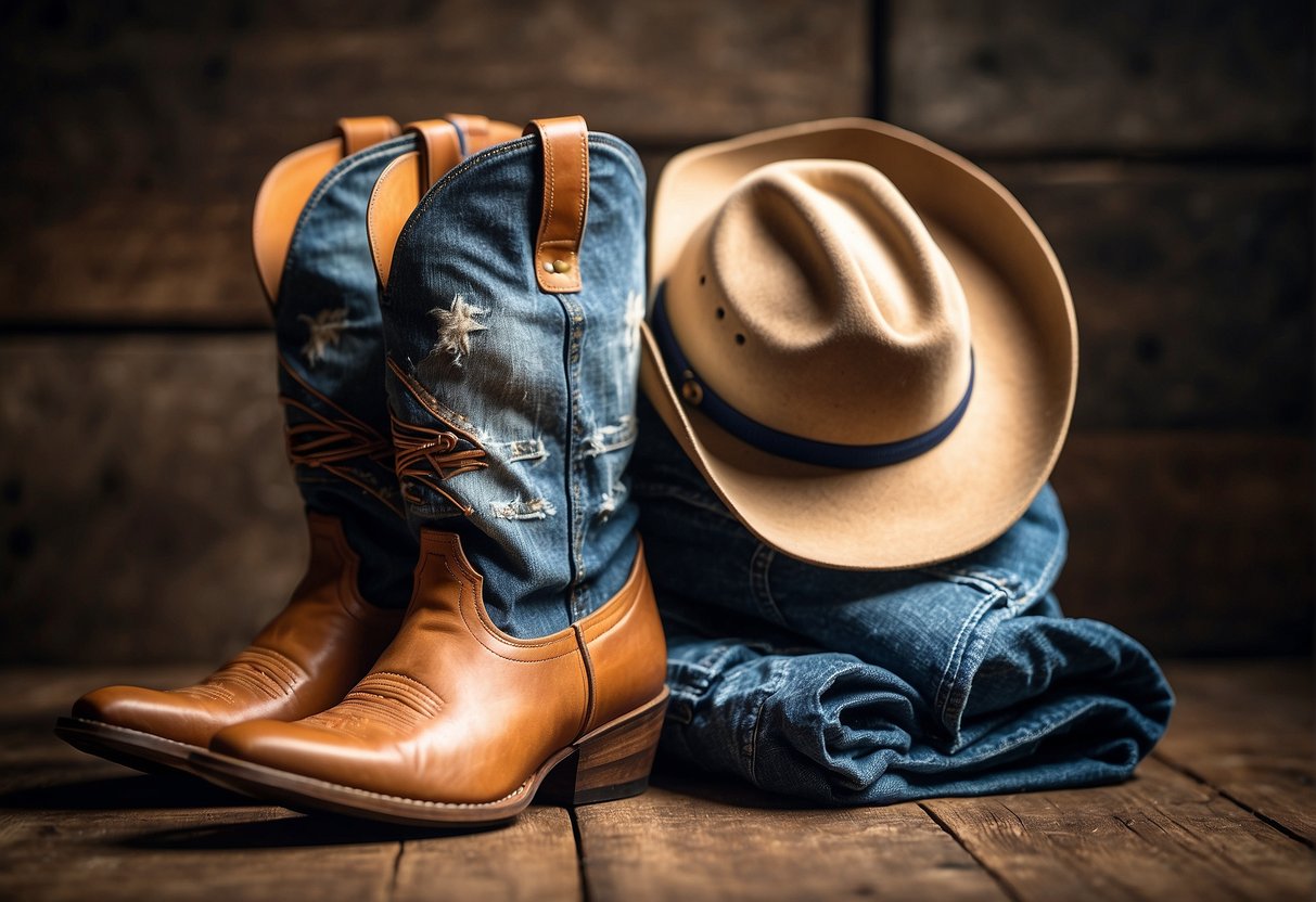Cowboy boots, denim jeans, plaid shirt, and a cowboy hat. Add a belt with a large buckle and a bandana for a complete rodeo look