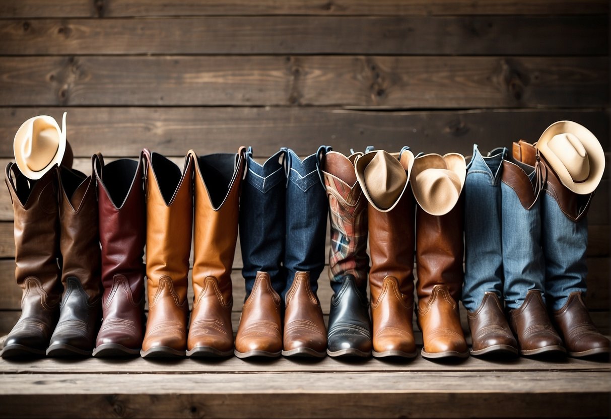 A row of cowboy boots, jeans, plaid shirts, and cowboy hats laid out on a rustic wooden table, ready to be chosen for a rodeo