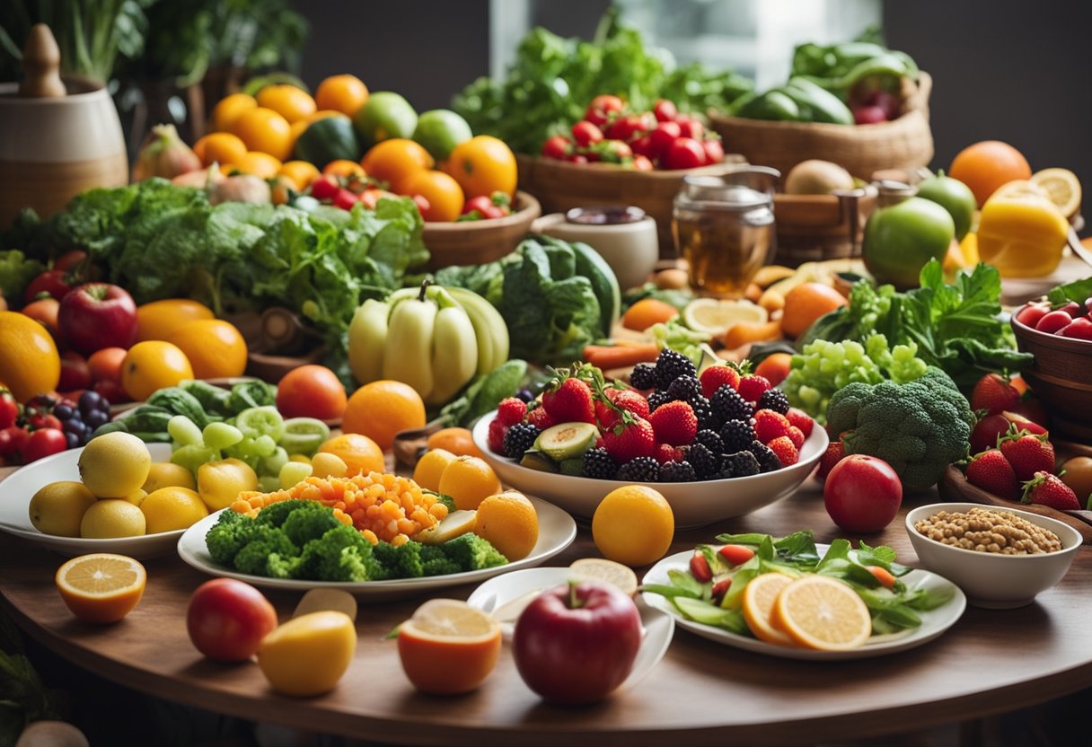 Sensory Hunger Triggers: A table set with a colorful array of fresh fruits and vegetables, emitting enticing aromas, and surrounded by vibrant, appetizing dishes