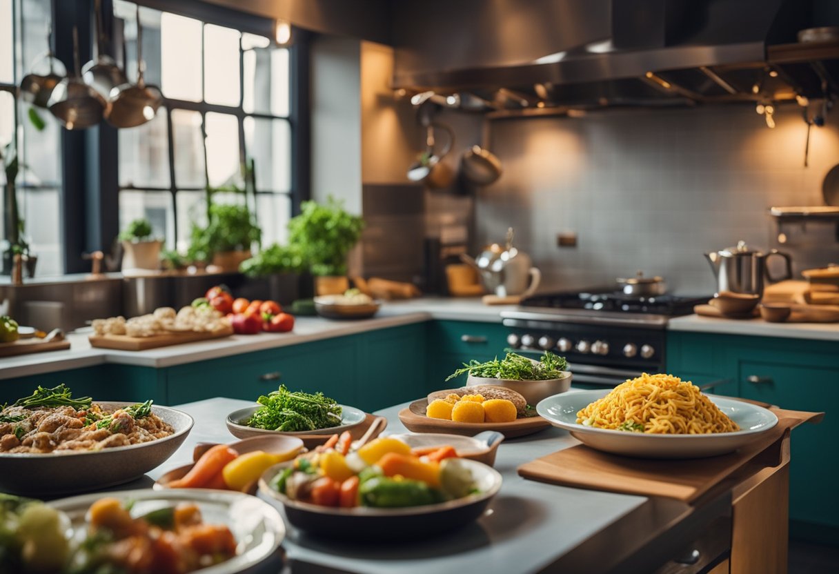 Sensory Hunger Triggers: The scene is a colorful, aromatic kitchen with various foods cooking and emitting enticing smells. A table is set with a variety of visually appealing dishes, inviting the viewer to indulge their sense of taste