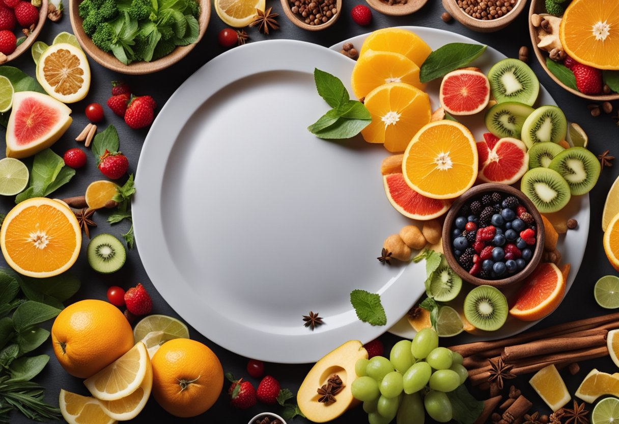 Sensory Hunger Triggers: A colorful plate of food emits enticing aromas, surrounded by various fruits and spices. The sight and smell of the meal stimulate the appetite